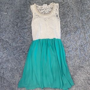 Mini Dress w White Lace Top & Turquoise Skirt